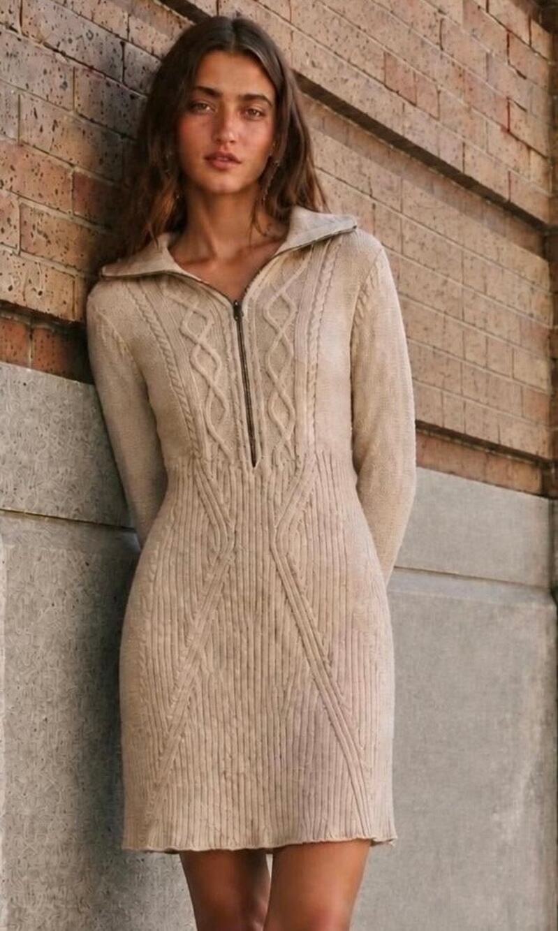 Free People Beige Cable-Knit Long Sleeve Sweater Dress